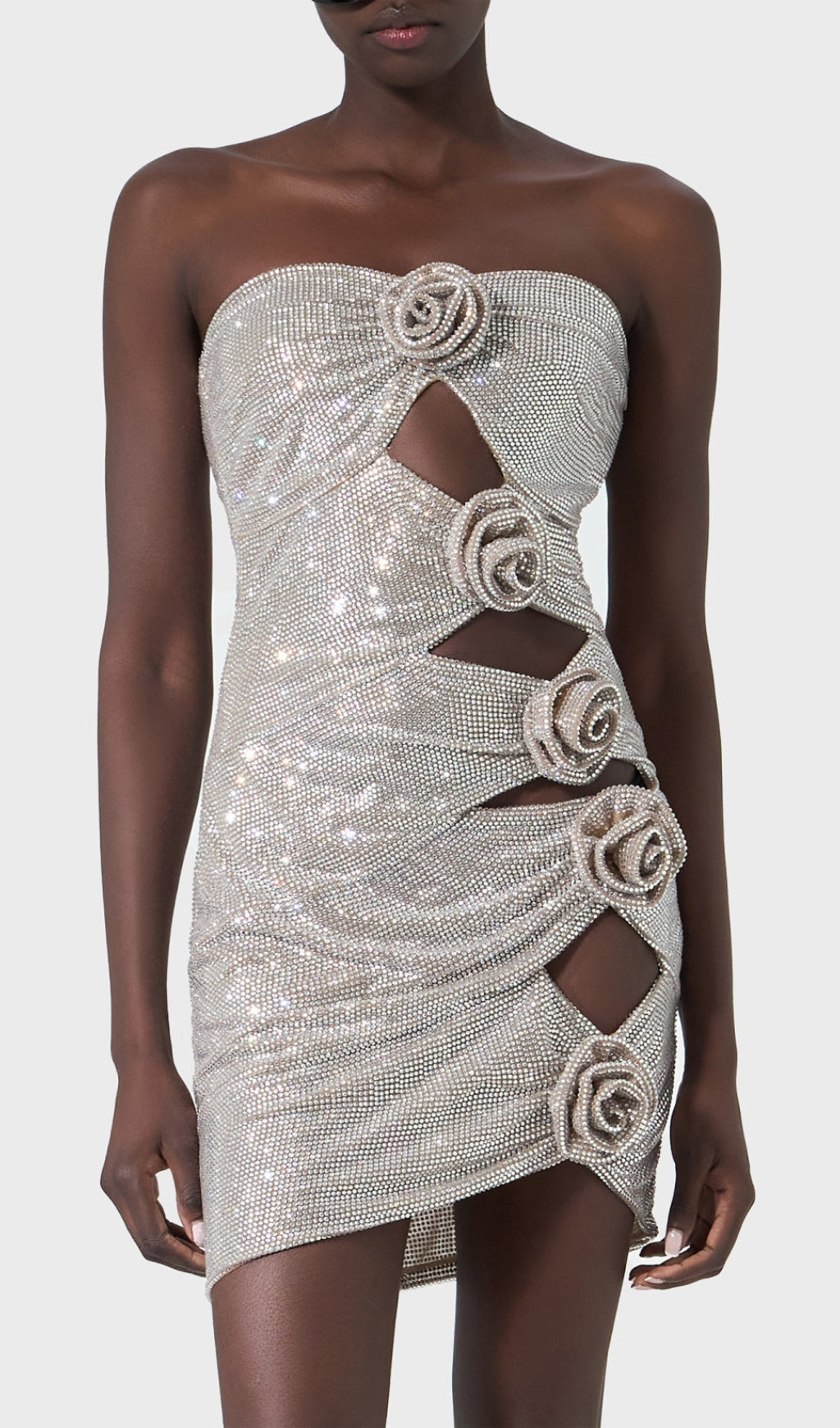 Calida Strapless Flower Cutout Crystal Mini Dress