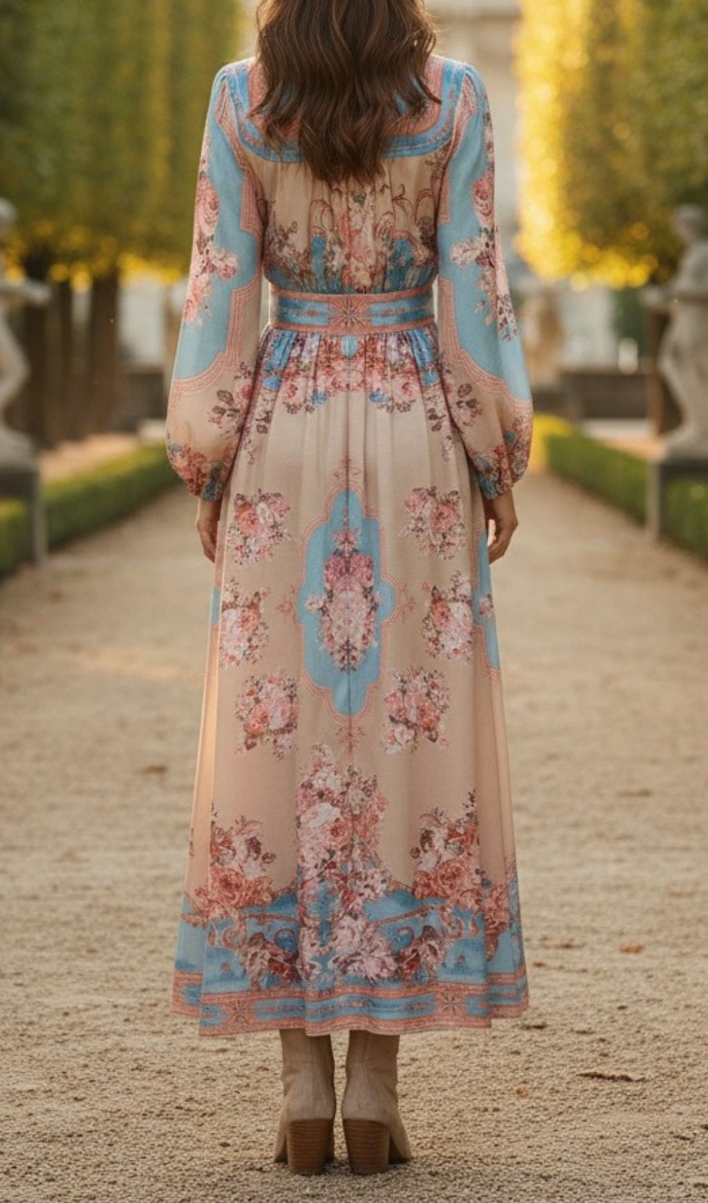 Kamillia Romantic Blue & Pink Floral Long Sleeve Maxi Dress | Garden Elegance