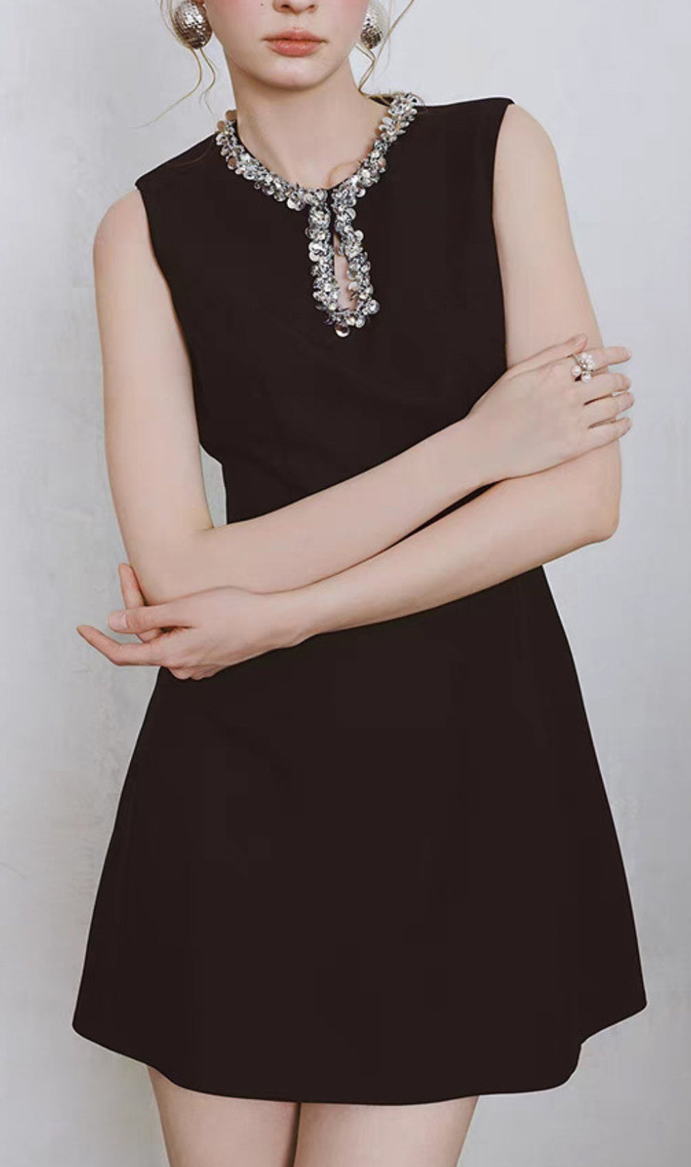 Dorin Black Embellished Neck Mini Dress
