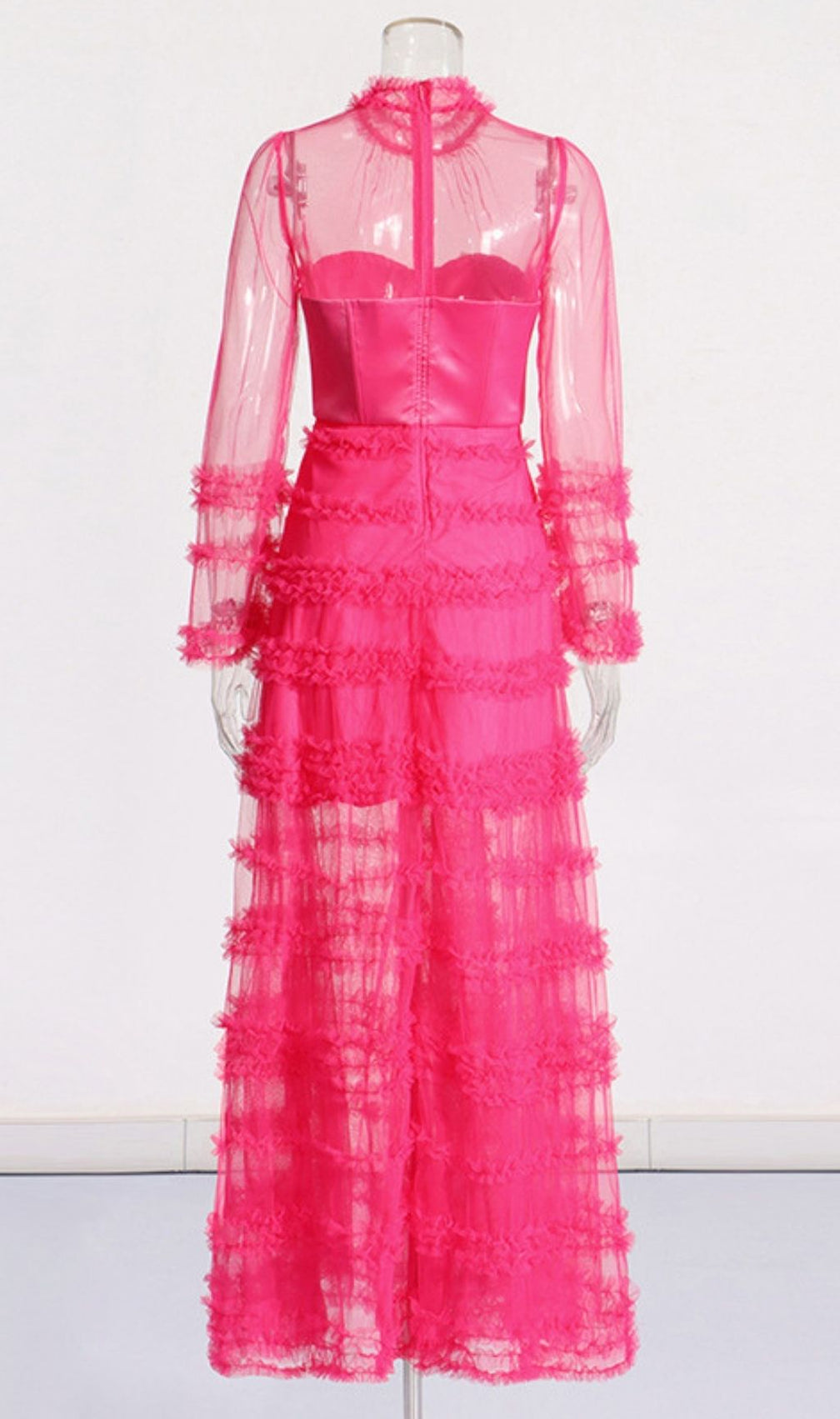 Kevlyn Hot Pink Tiered Ruffle Maxi Dress - Sheer Mesh Long Sleeve Gown