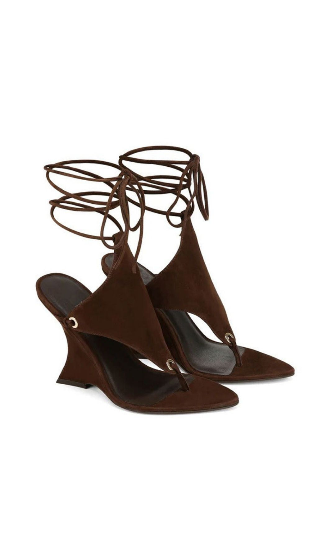 Gavren Chic Brown Sculptural Wedge Tie-Up Thong Sandals