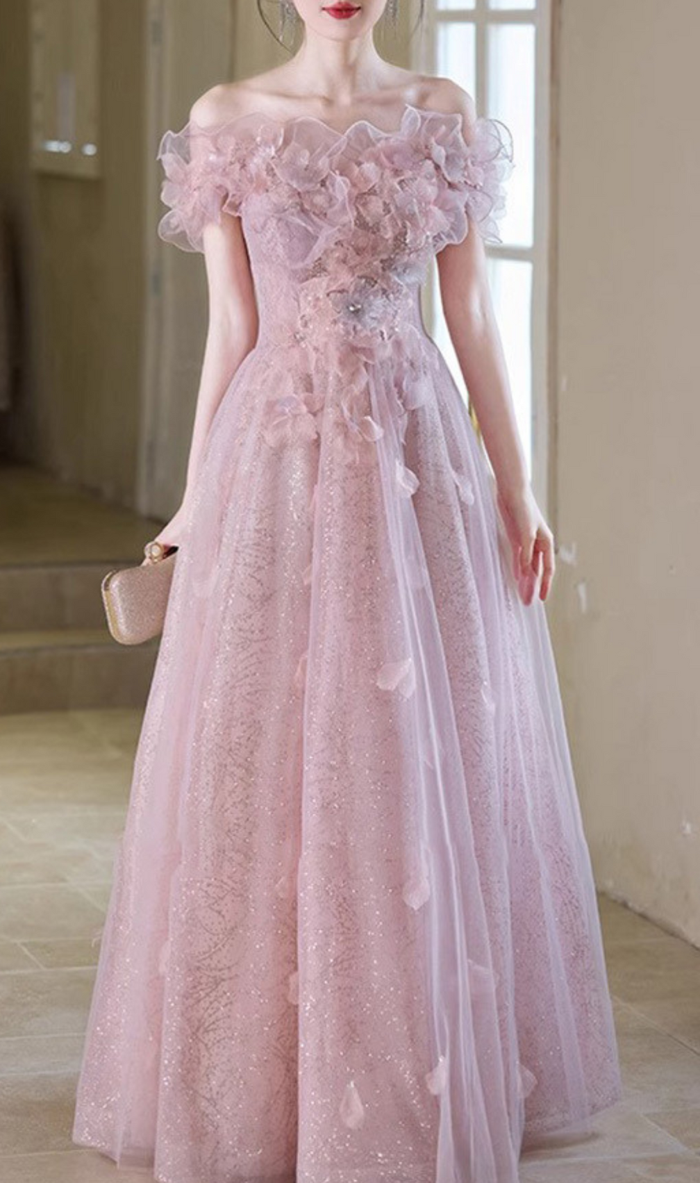 Hanne Pink Flower Off-Shoulder Maxi Dress