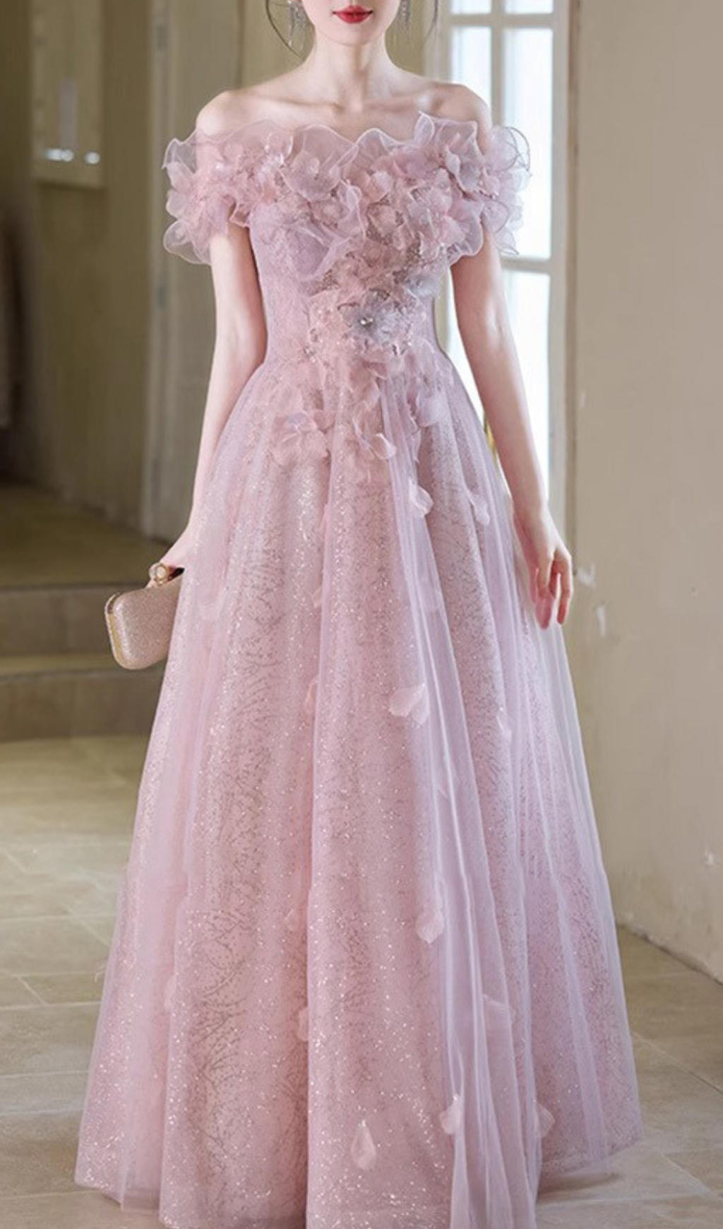 Hanne Pink Flower Off-Shoulder Maxi Dress