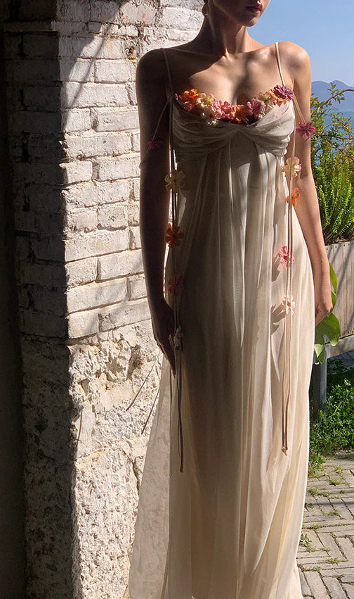 Farah Dreamy Ivory Floral Chiffon Maxi Dress - Romantic Open Back Gown
