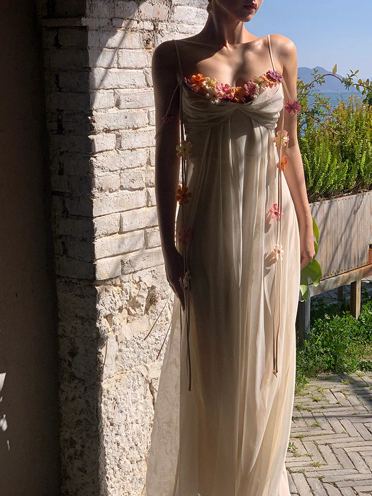 Farah Dreamy Ivory Floral Chiffon Maxi Dress - Romantic Open Back Gown