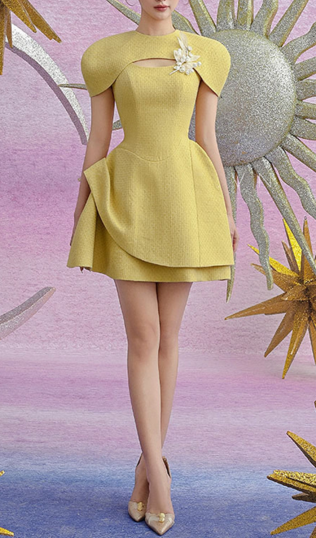 Conlan Yellow Flower Decor Mini Dress