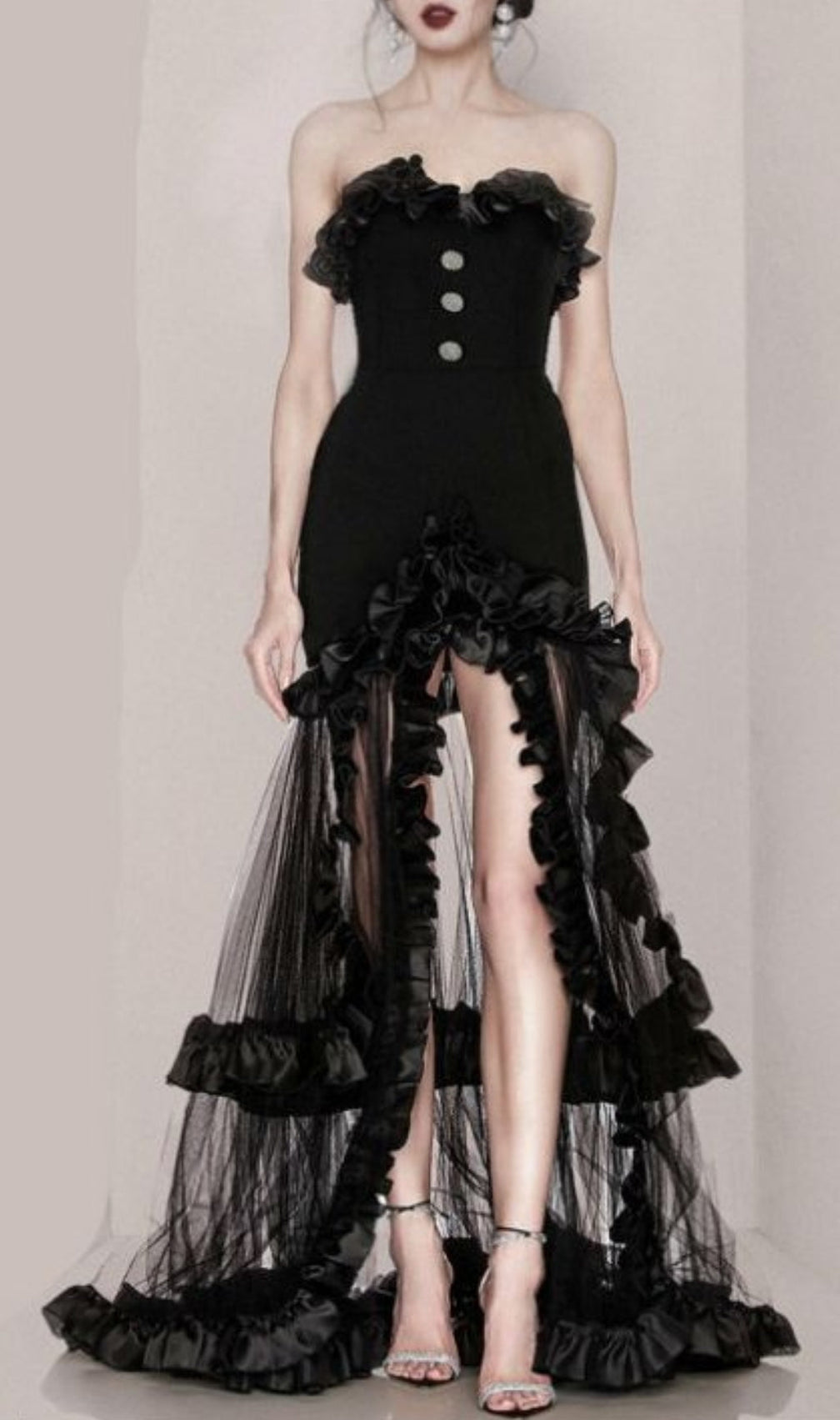 Black Strapless Tail Maxi Dress