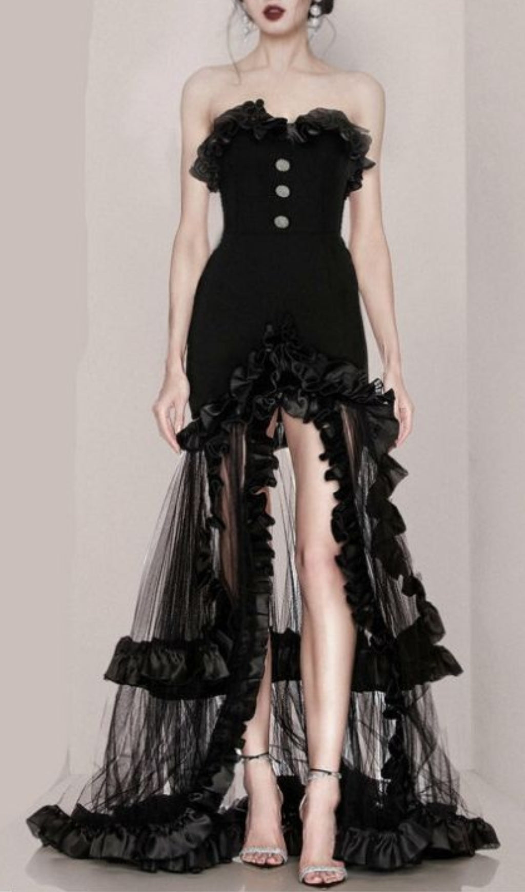 Black Strapless Tail Maxi Dress