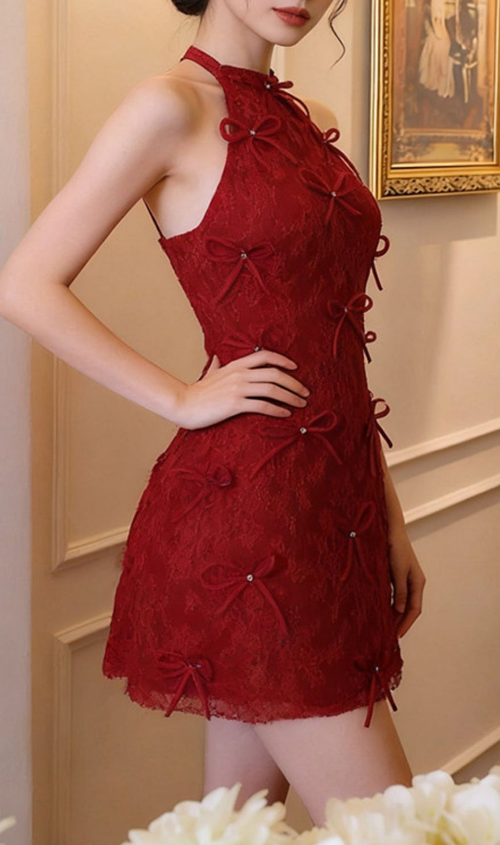 Kanon Enchanting Red Lace Halter Mini Dress with Dazzling Bows