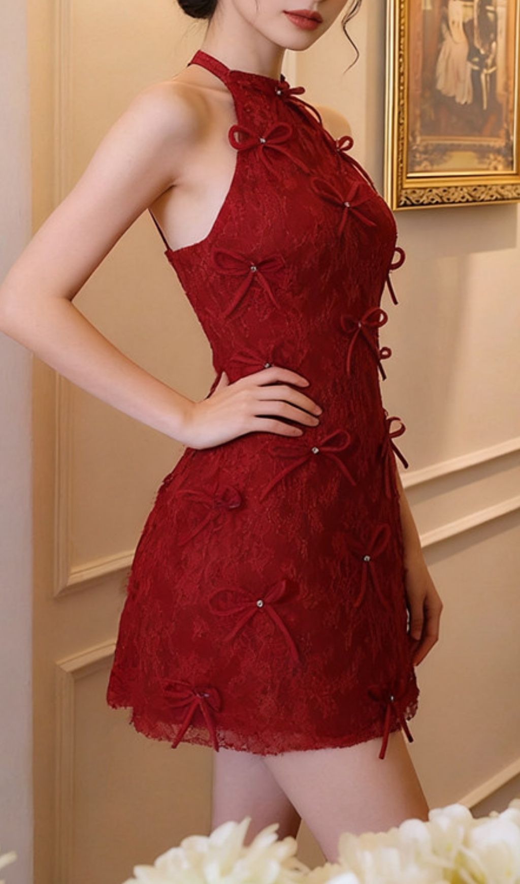 Kanon Enchanting Red Lace Halter Mini Dress with Dazzling Bows