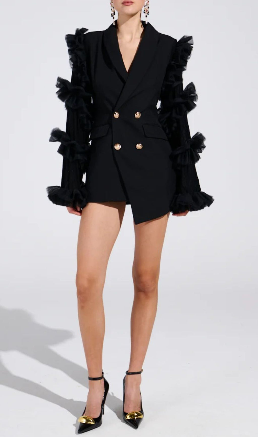 Kaleena Dramatic Tulle Sleeve Blazer Dress | Black Statement Mini for Women