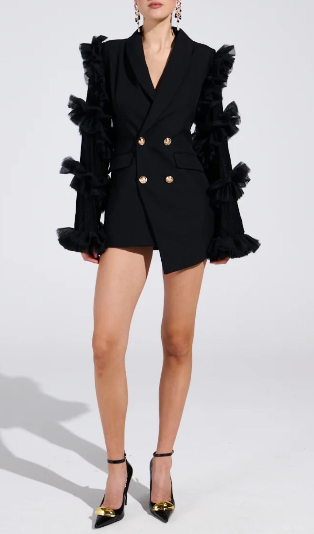 Kaleena Dramatic Tulle Sleeve Blazer Dress | Black Statement Mini for Women