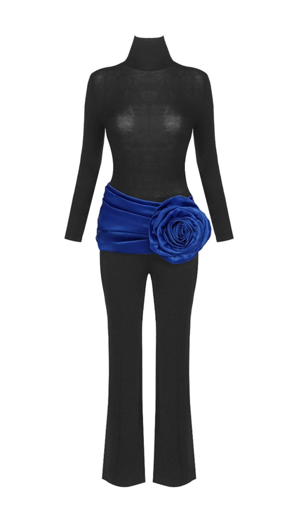 Joie Black 3-Piece Set: Bodysuit, Flare Pants & Vibrant Blue Floral Belt