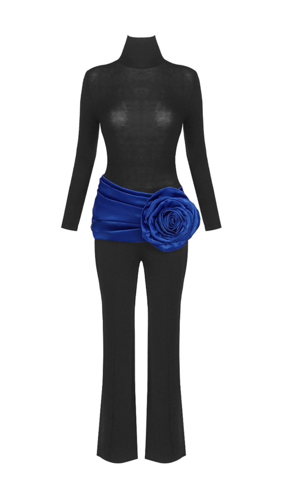 Joie Black 3-Piece Set: Bodysuit, Flare Pants & Vibrant Blue Floral Belt