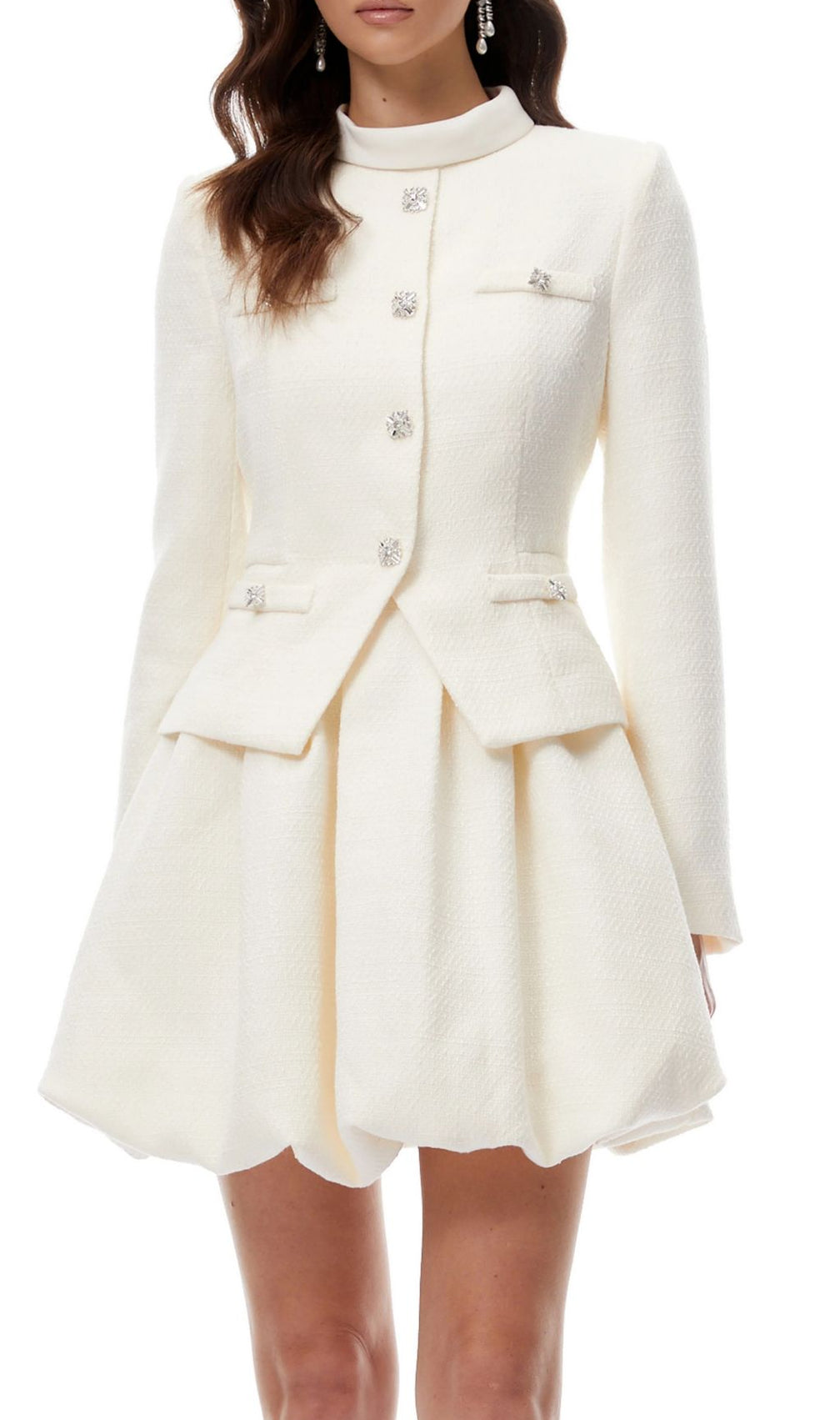 Jenner Luxe White Tweed Mini Dress | Structured Long Sleeve & Embellished Buttons