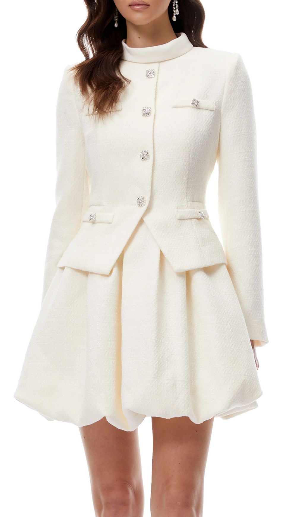 Jenner Luxe White Tweed Mini Dress | Structured Long Sleeve & Embellished Buttons