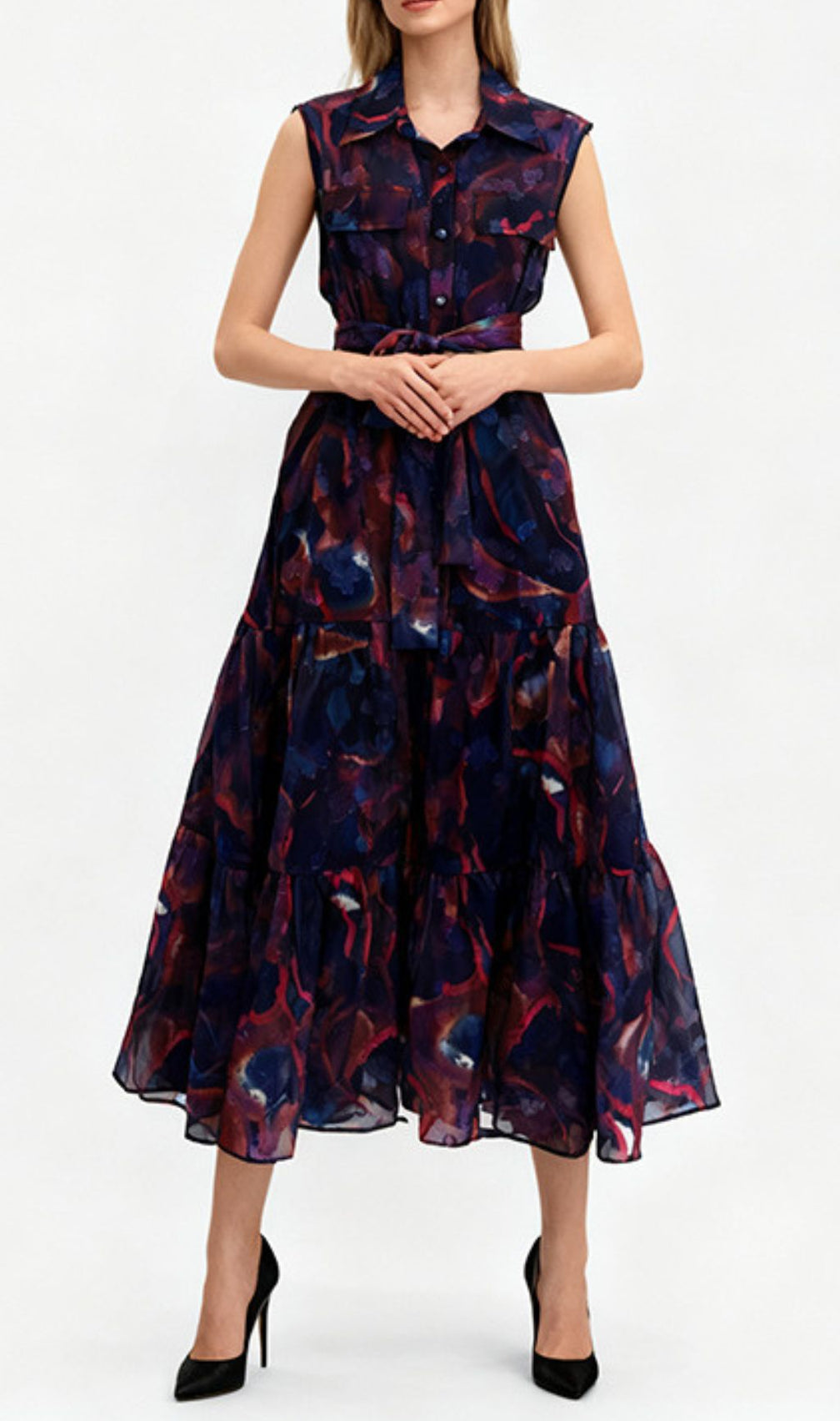 Jaap Vibrant Green Abstract Print Sleeveless Midi Dress - Effortless Shirtdress Style