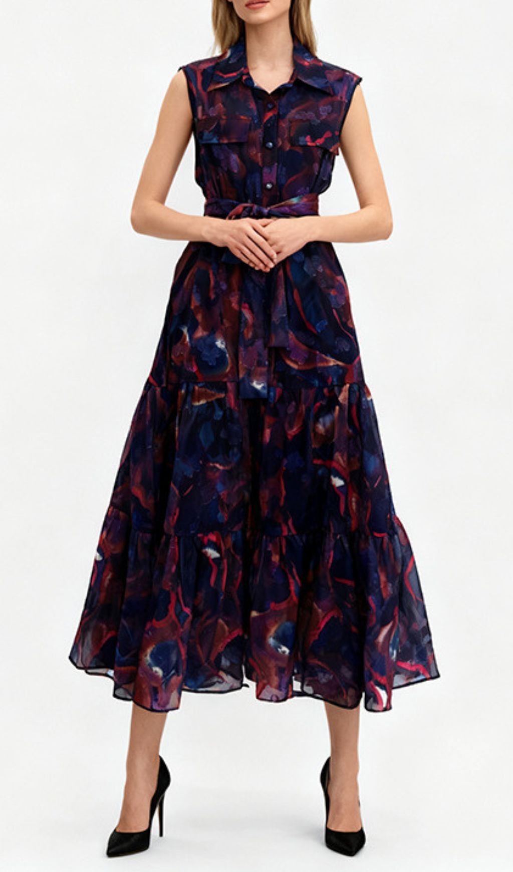 Jaap Vibrant Green Abstract Print Sleeveless Midi Dress - Effortless Shirtdress Style