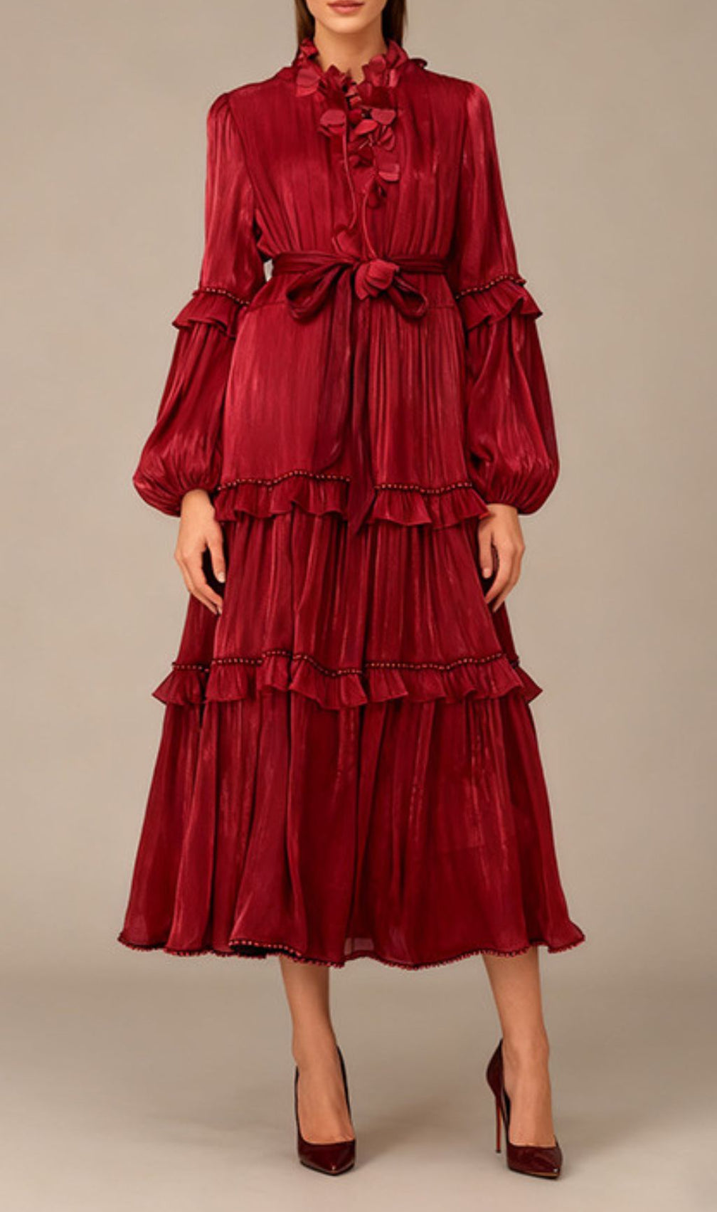 Ilissa Elegant Ruffle Midi Dress for Women - Chic Long Sleeve Tiered Design in Burgundy