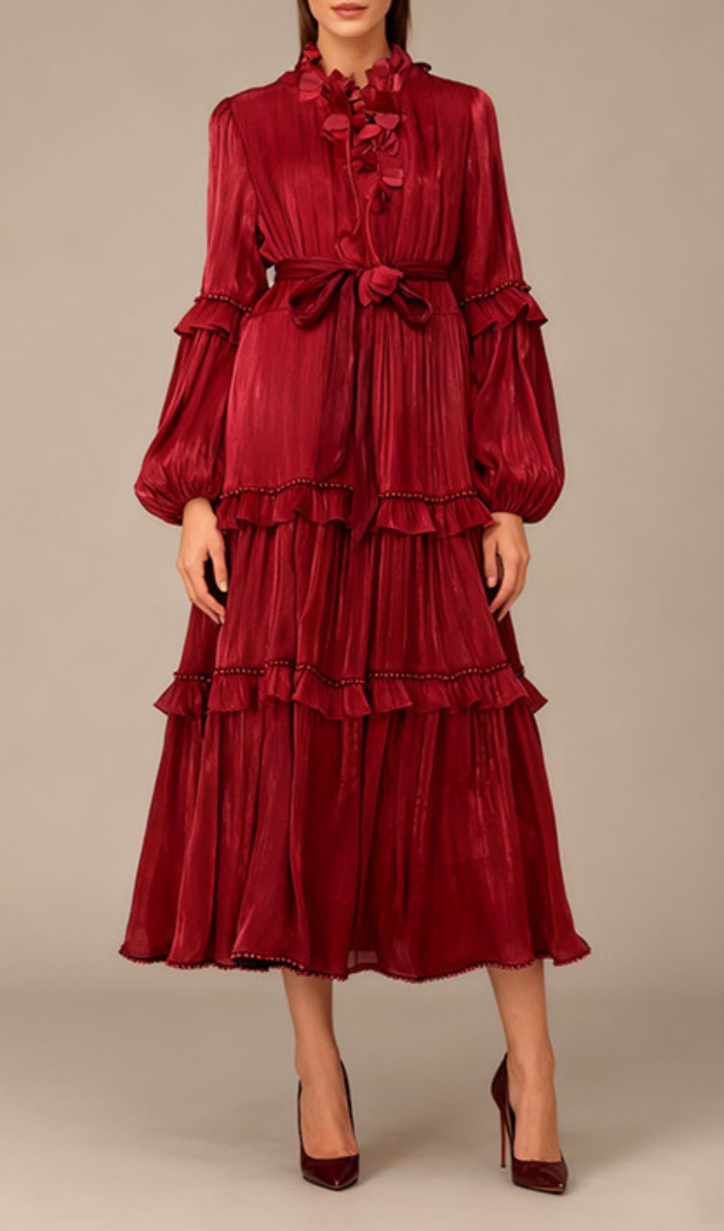 Ilissa Elegant Ruffle Midi Dress for Women - Chic Long Sleeve Tiered Design in Burgundy