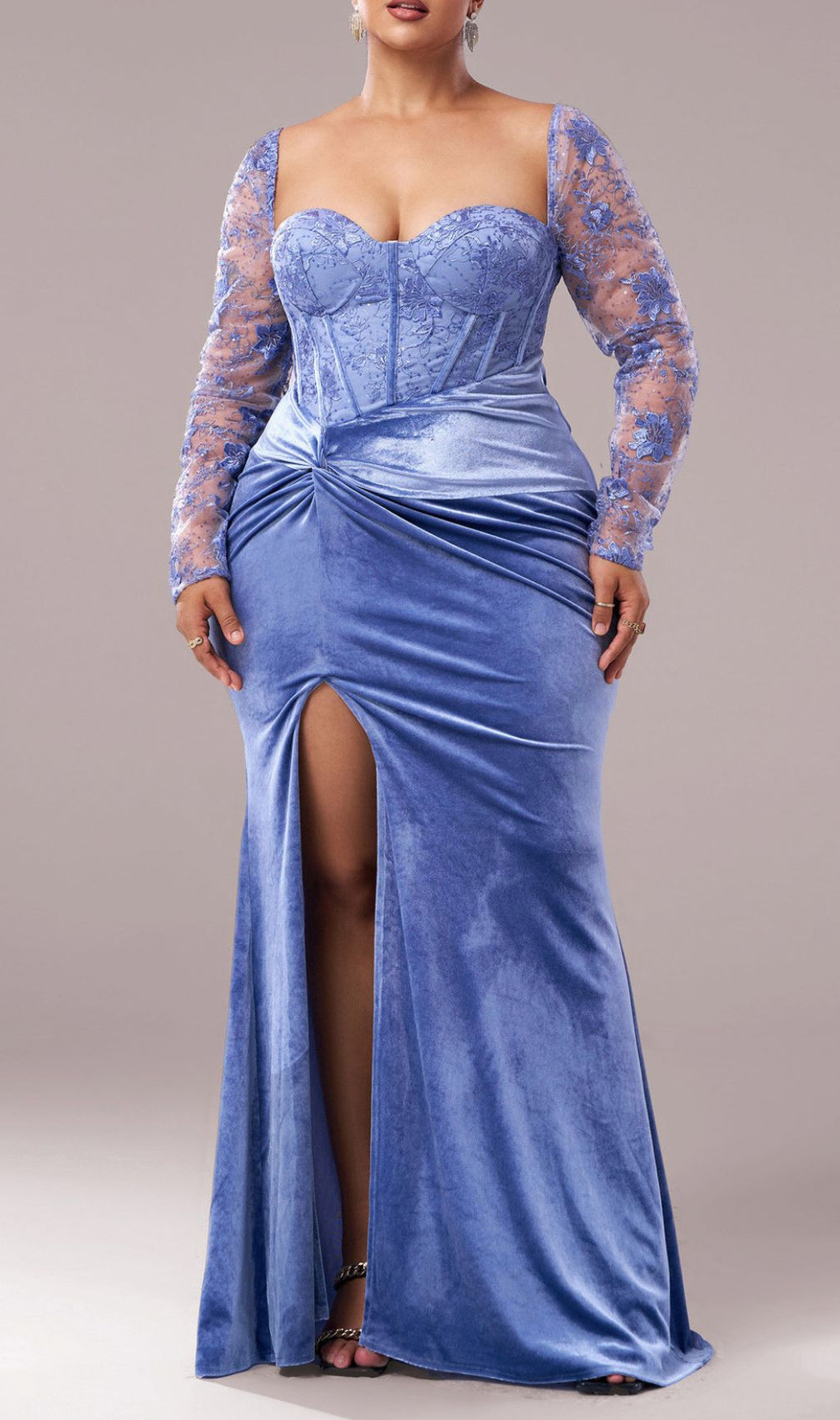 Jaan Periwinkle Blue Velvet & Lace Plus Size Long Sleeve Maxi Gown
