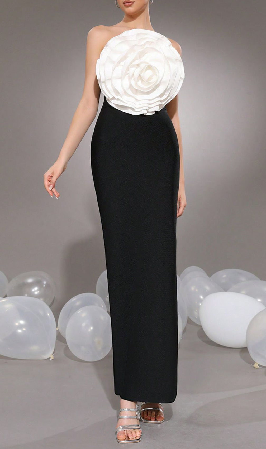 Hamo Strapless White Floral Bandage Maxi Gown - Elegant Black & White Evening Dress
