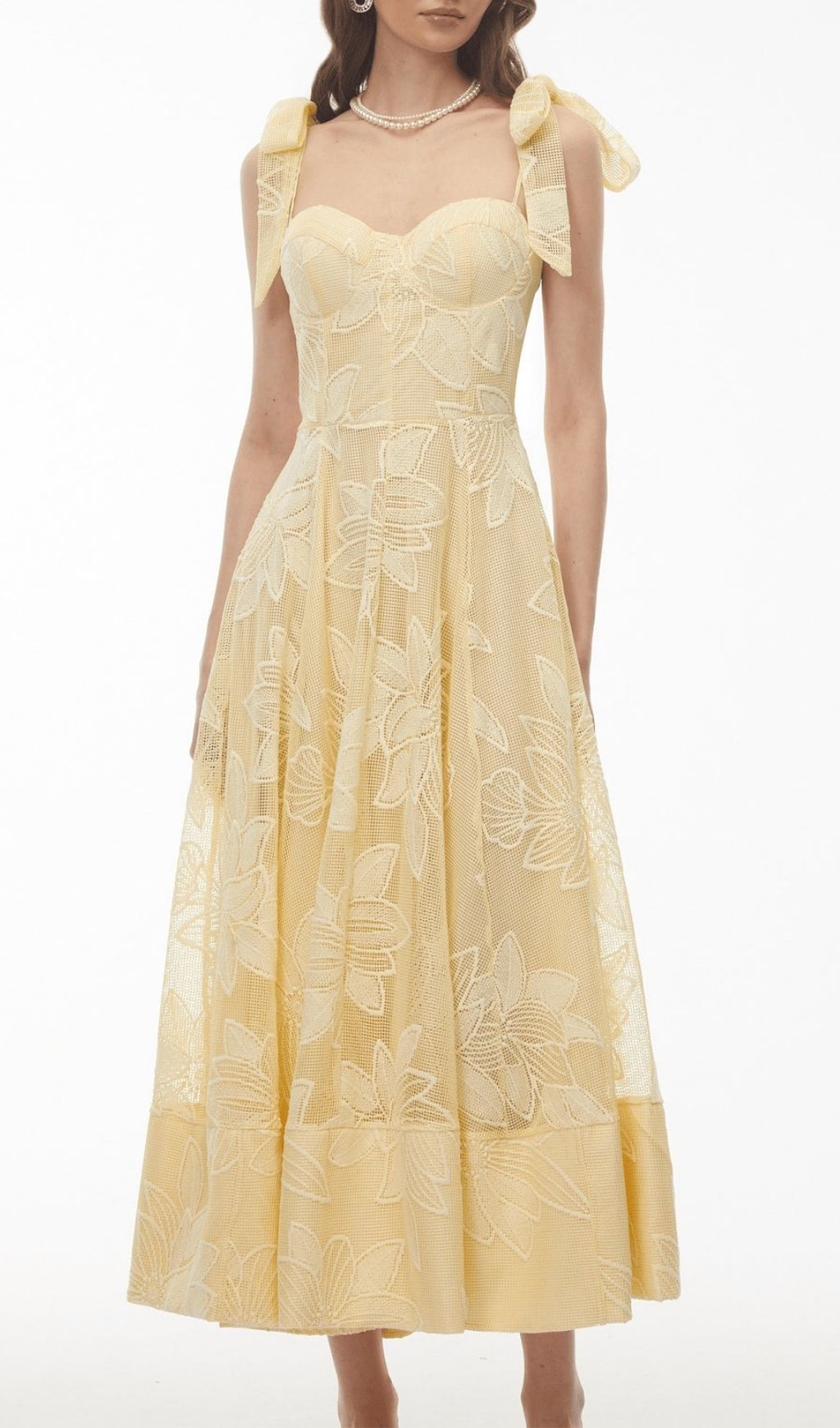 Kirstie Yellow Strappy Embroidery Midi Dress