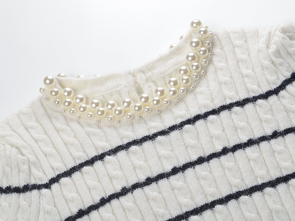 Chic Faux Pearl Collar Striped Cable Knit Sweater - Women's Short Sleeve Top