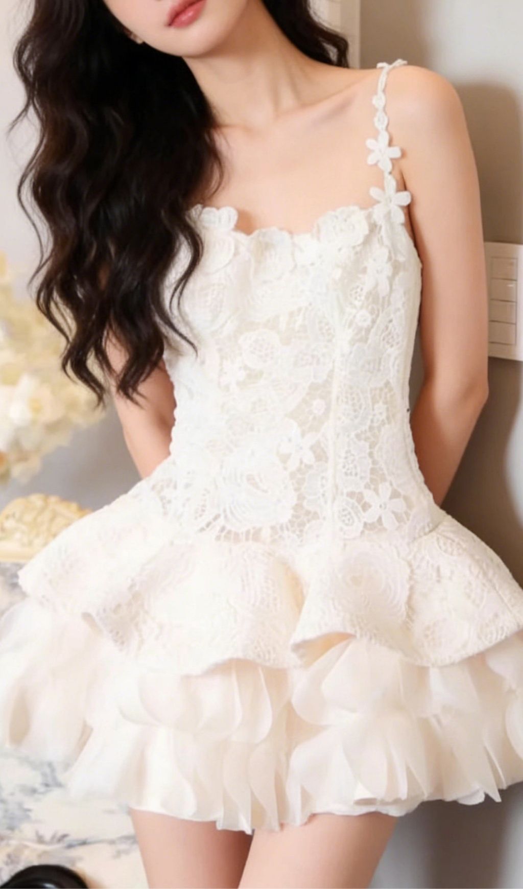 Kamilah Delicate Floral Embroidered Lace Mini Dress with Ruffles