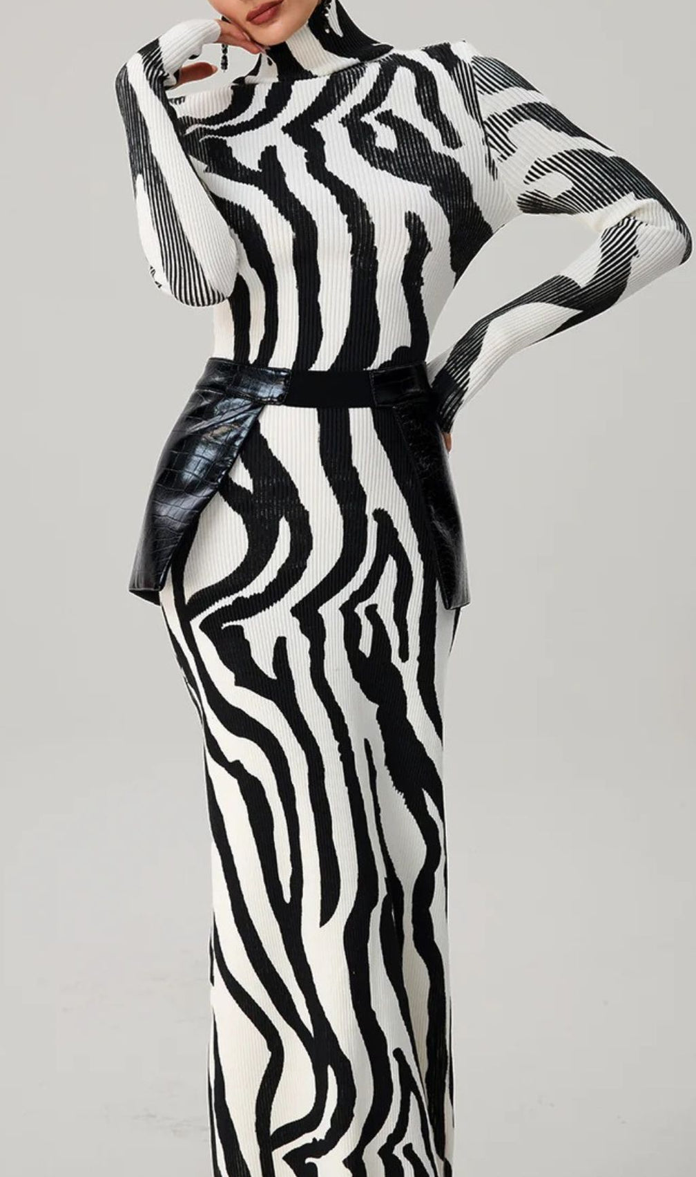 Farrux Zebra Print High-Neck Bodycon Maxi Dress - Fierce & Chic Knit