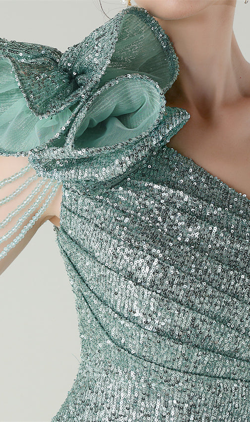 Ikia Emerald Sparkle One-Shoulder Sequin Maxi Dress with High Slit