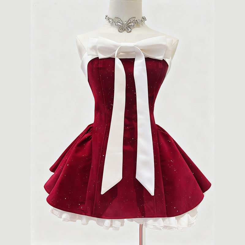 Iola Red Velvet Bowknot Strapless Mini Dress - Festive Party Glam