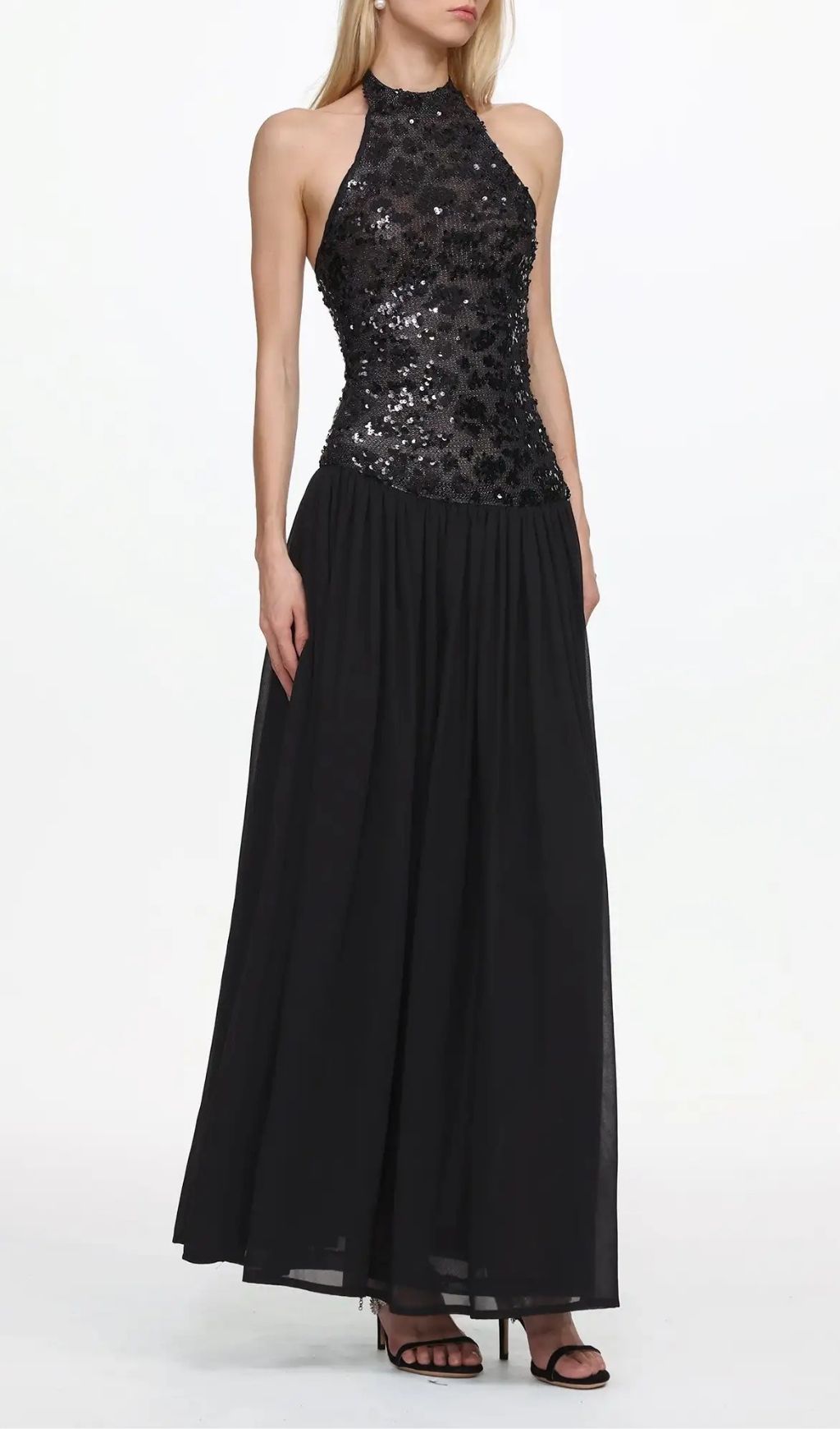 Encho Halter Ruched Mesh Sequin Maxi Dress