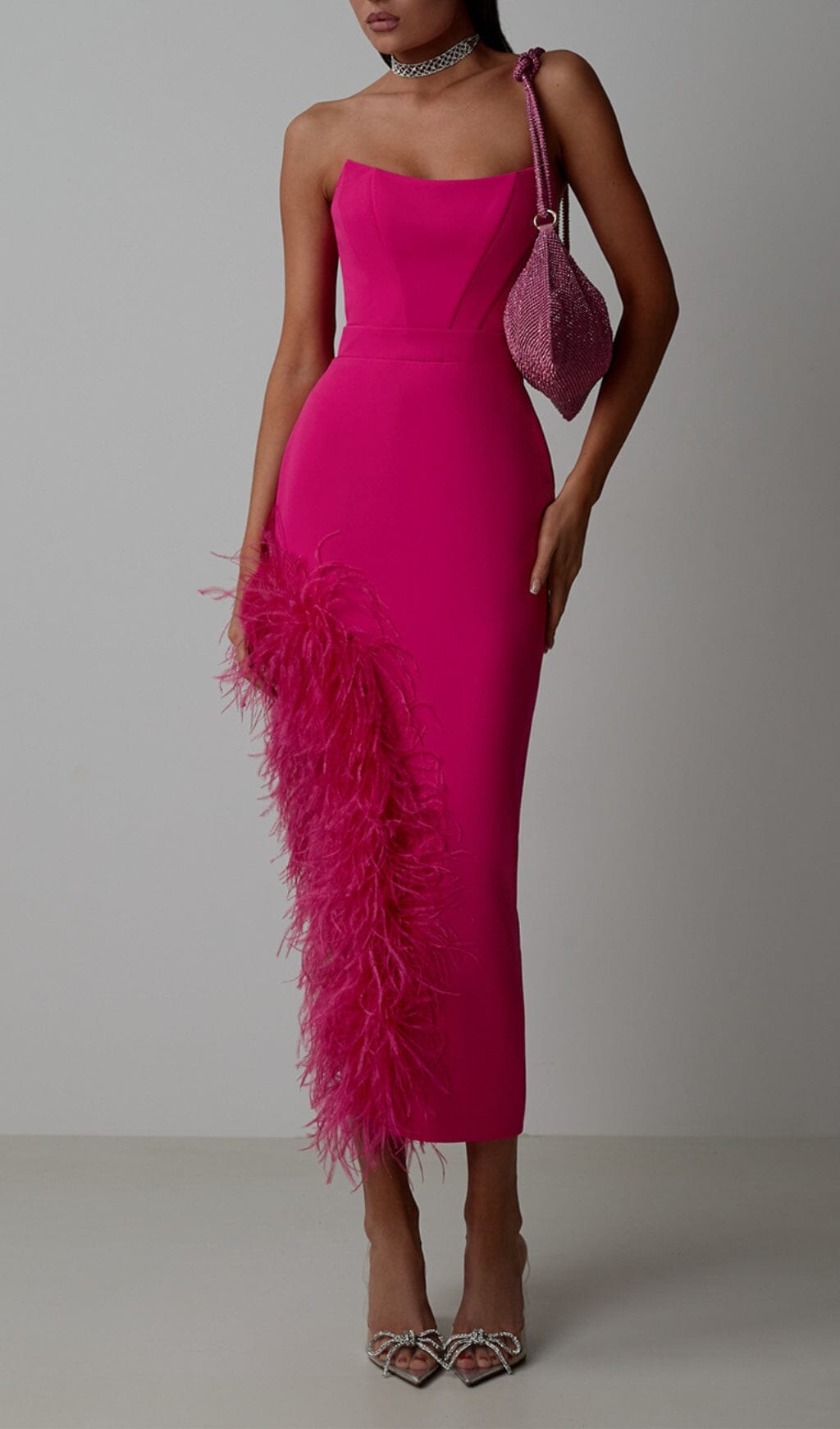 Feather High-Low Dress In Pink