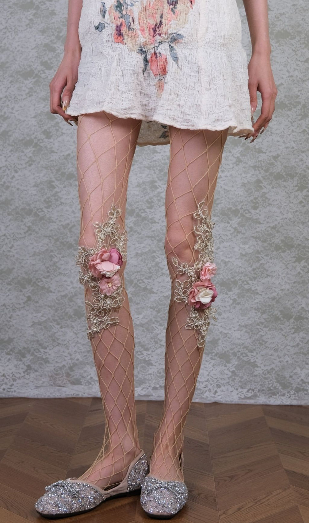 Ethereal 3D Floral & Pearl Embellished Mesh Tights