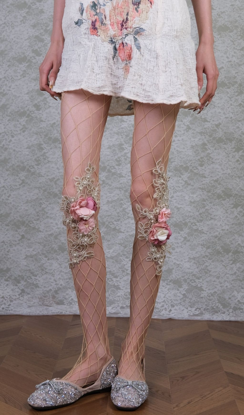 Ethereal 3D Floral & Pearl Embellished Mesh Tights