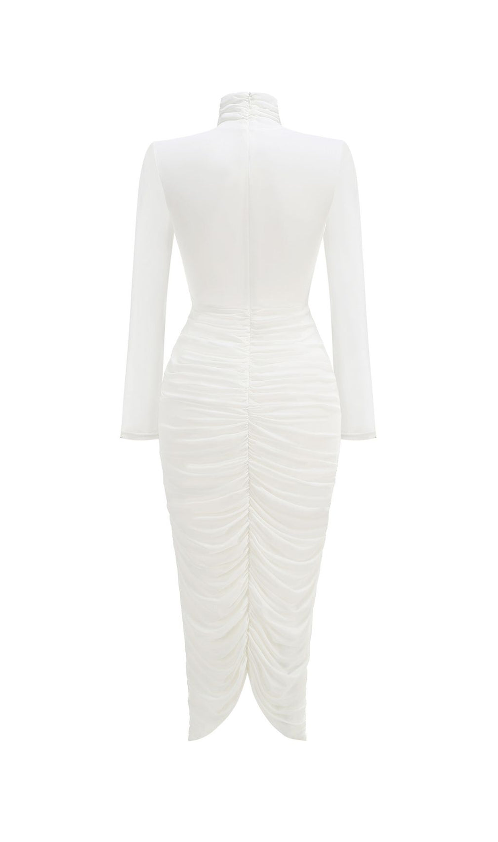 Jabbar Sculptural White Ruched Midi Dress | Elegant Long Sleeve Bodycon for Women
