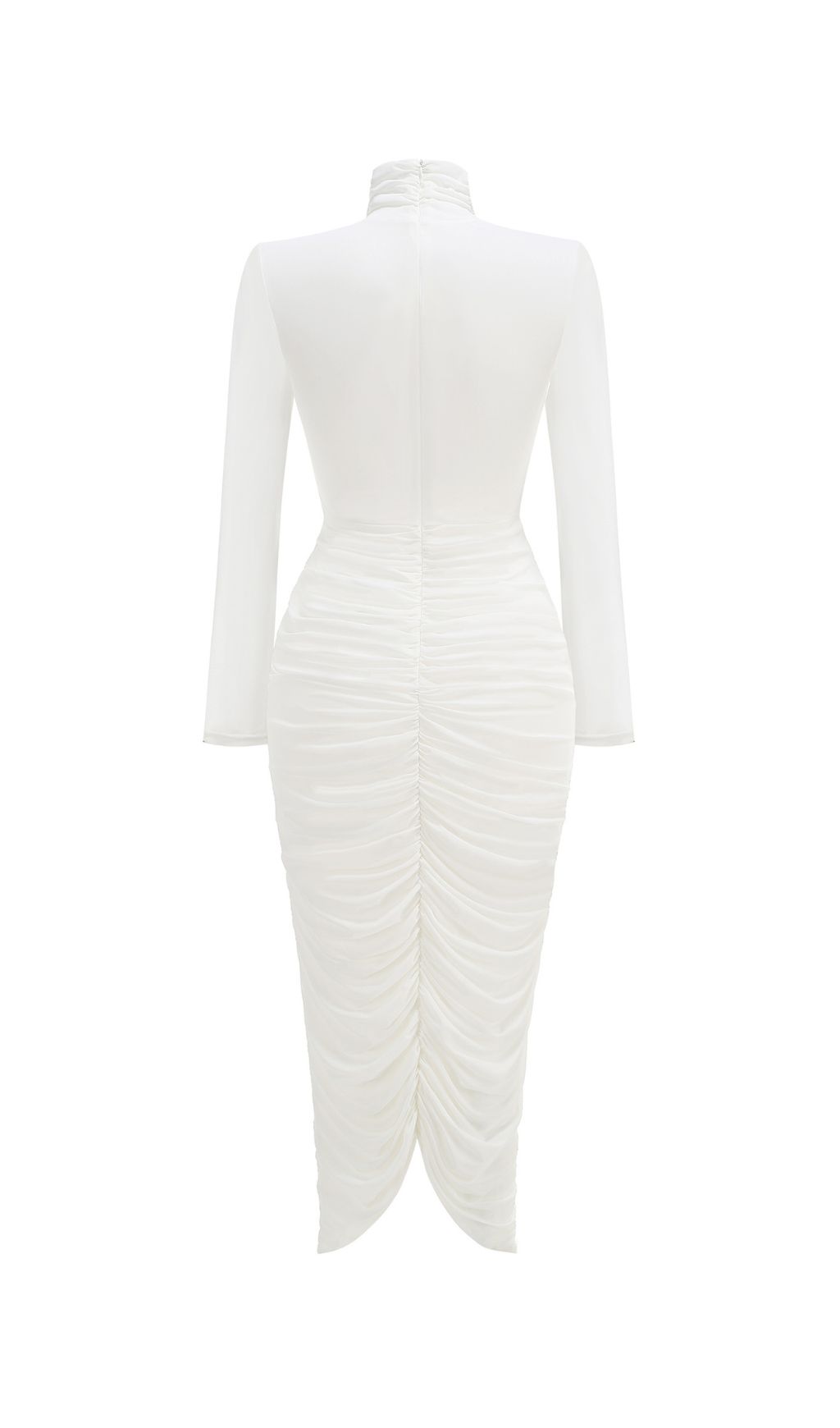 Jabbar Sculptural White Ruched Midi Dress | Elegant Long Sleeve Bodycon for Women
