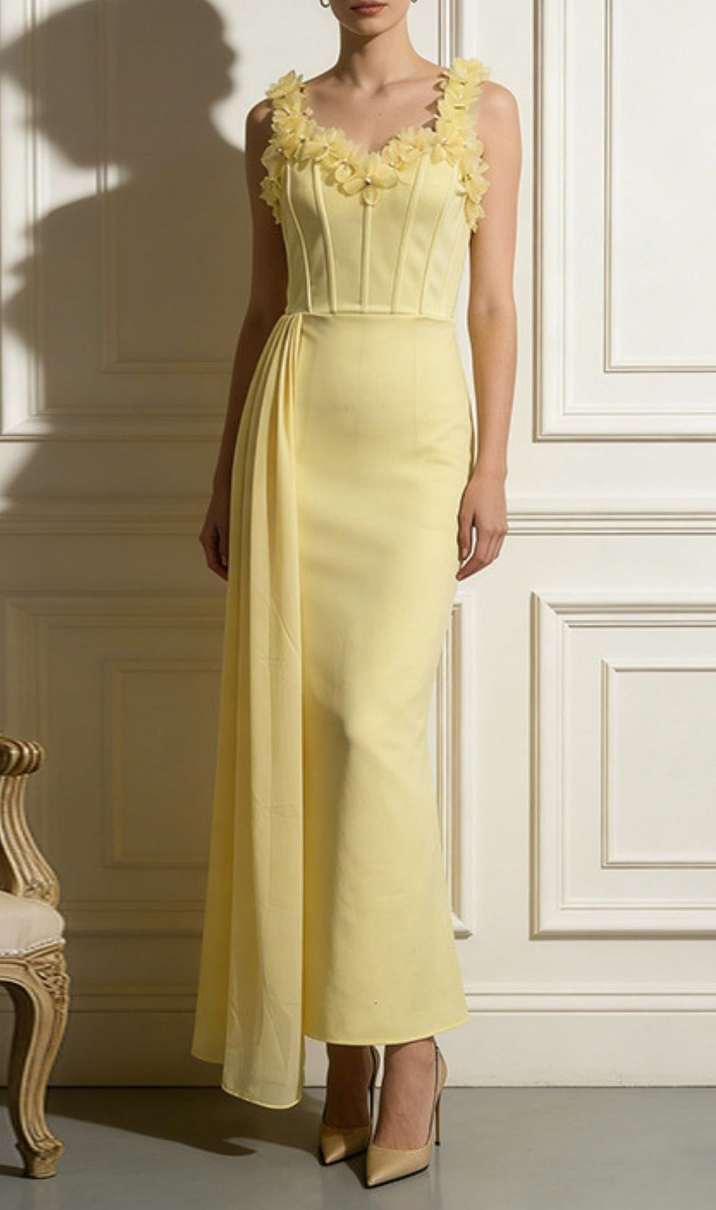 Keaghlan "Blossom" Yellow Floral Corset Maxi Dress - Elegant Gala & Wedding Guest Gown