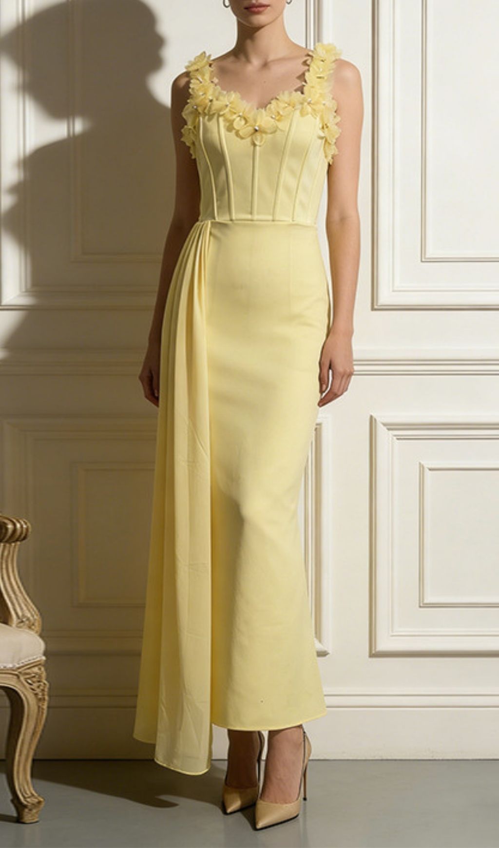 Keaghlan "Blossom" Yellow Floral Corset Maxi Dress - Elegant Gala & Wedding Guest Gown