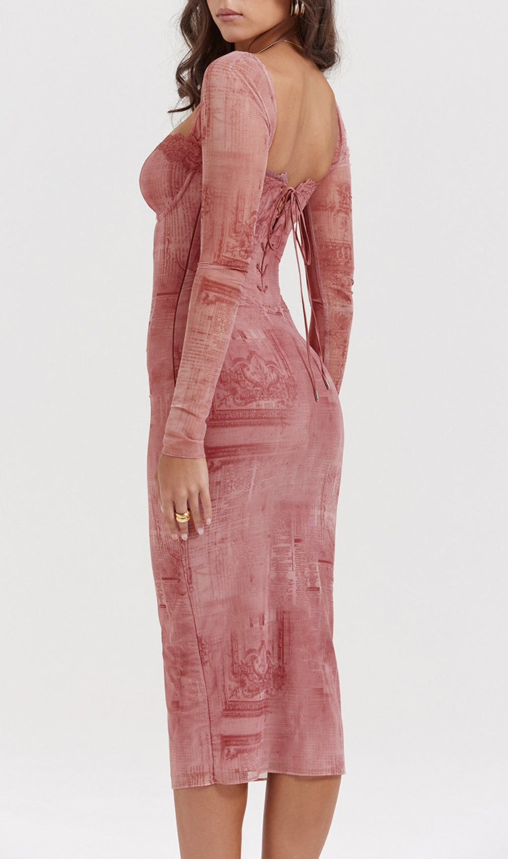 Printed Lace Up Midi Dress In Pink