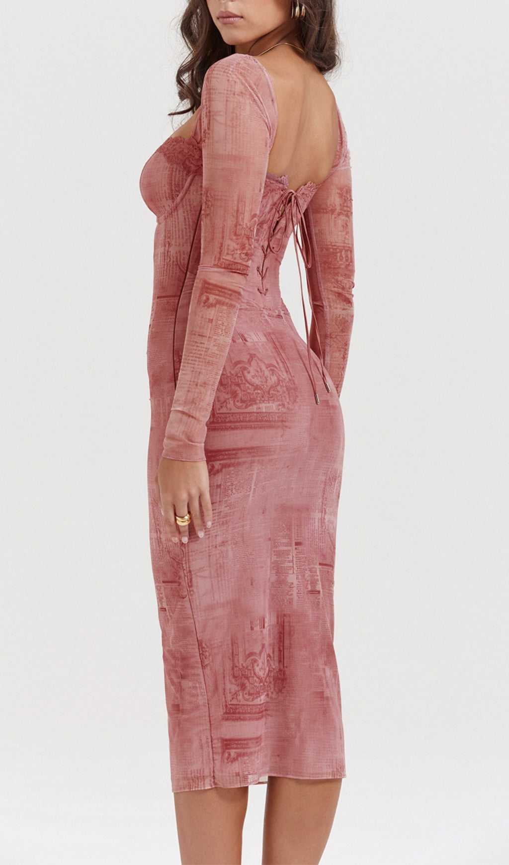 Printed Lace Up Midi Dress In Pink