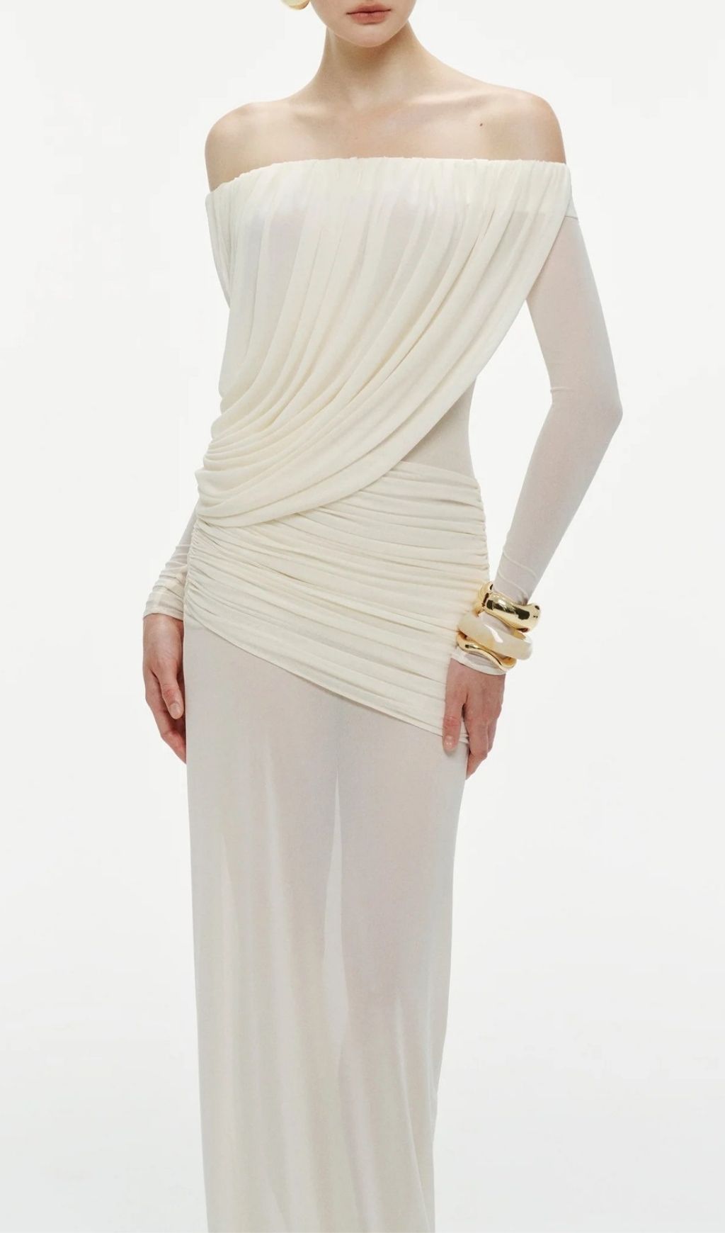Kalinda Glamorous White Off-Shoulder Pleated Mesh Maxi Dress | Perfect for Weddings & Galas