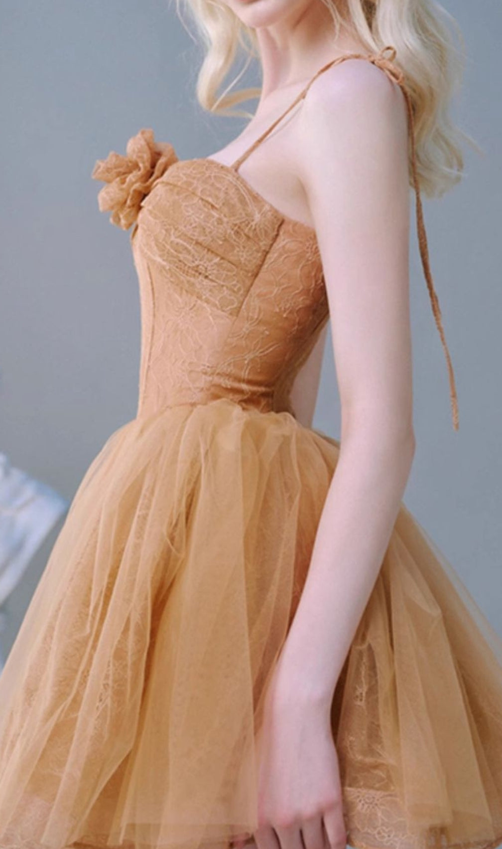 Caliste Caramel Flower Mesh Mini Dress