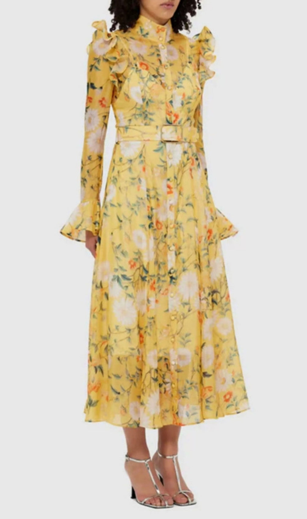Eder Yellow Floral Long Sleeve Midi Dress