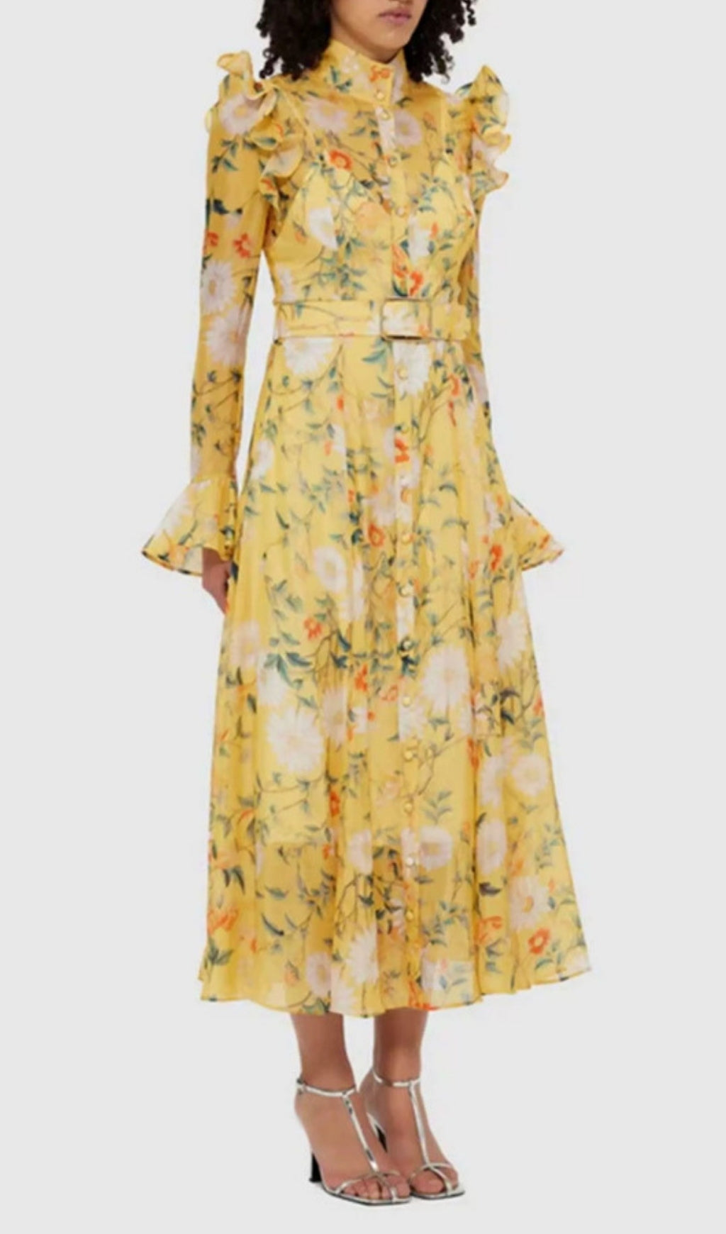 Eder Yellow Floral Long Sleeve Midi Dress