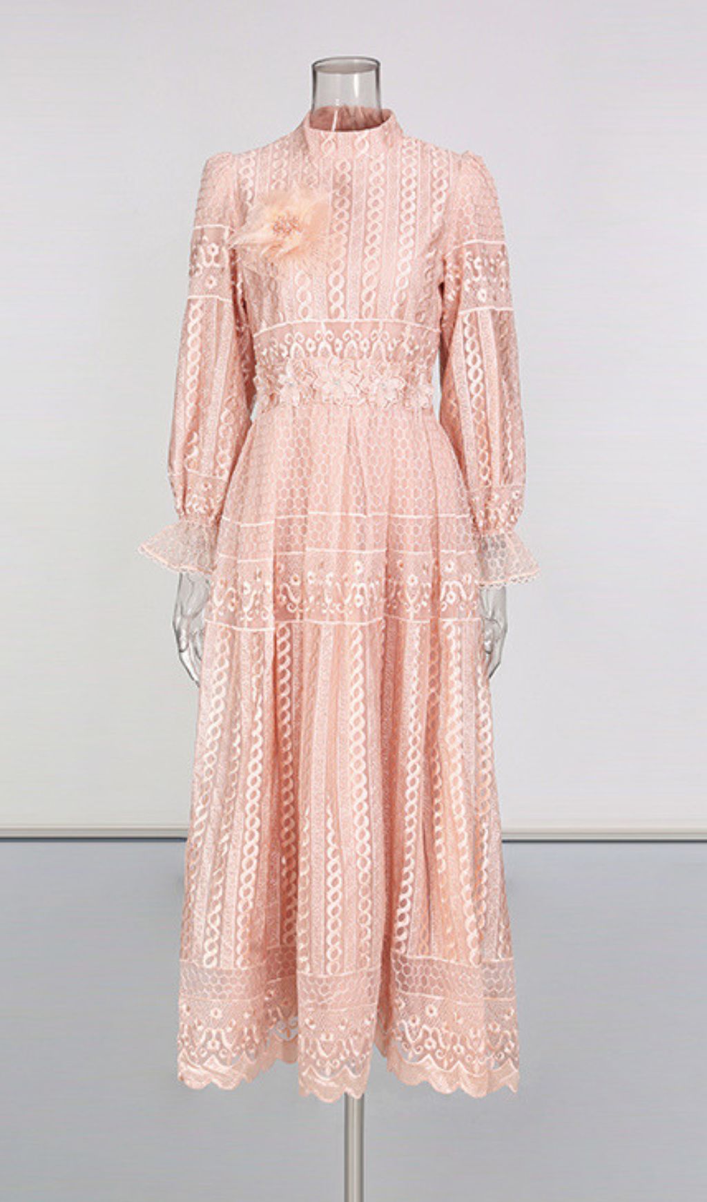 Ivah Romantic Blush Pink Floral Lace Midi Dress - Elegant Long Sleeve
