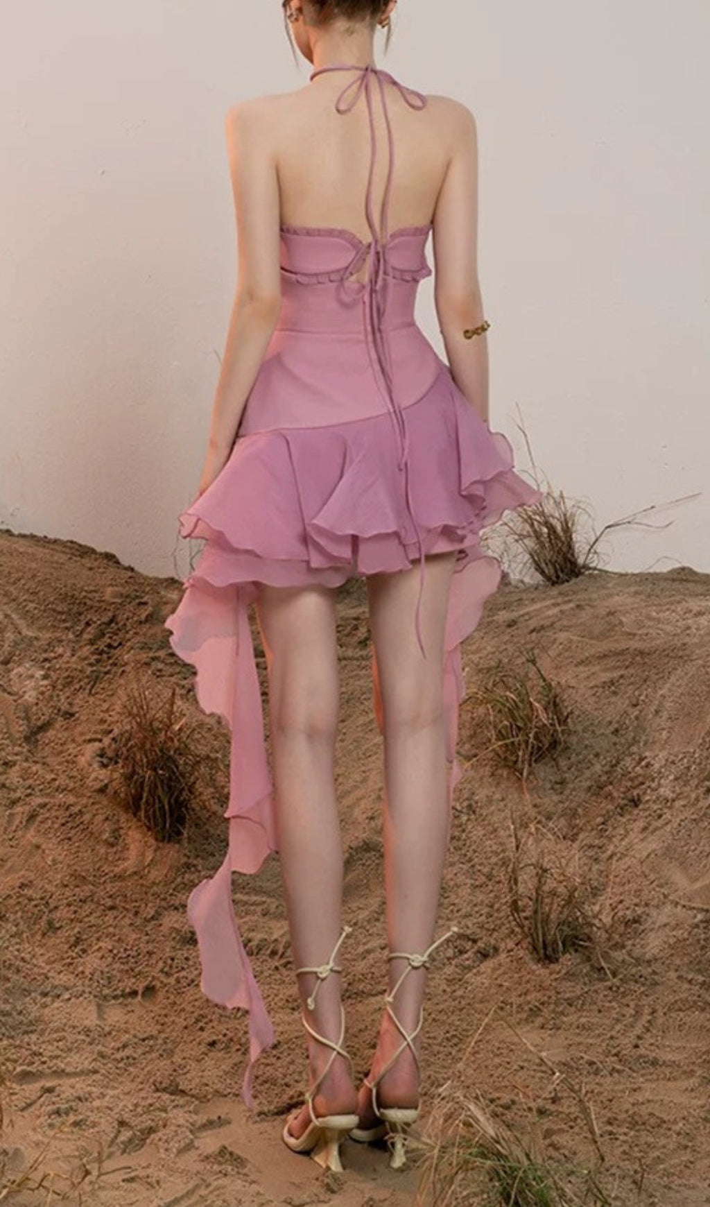 Devaki Pink Halter Ruffle Hem Mini Dress