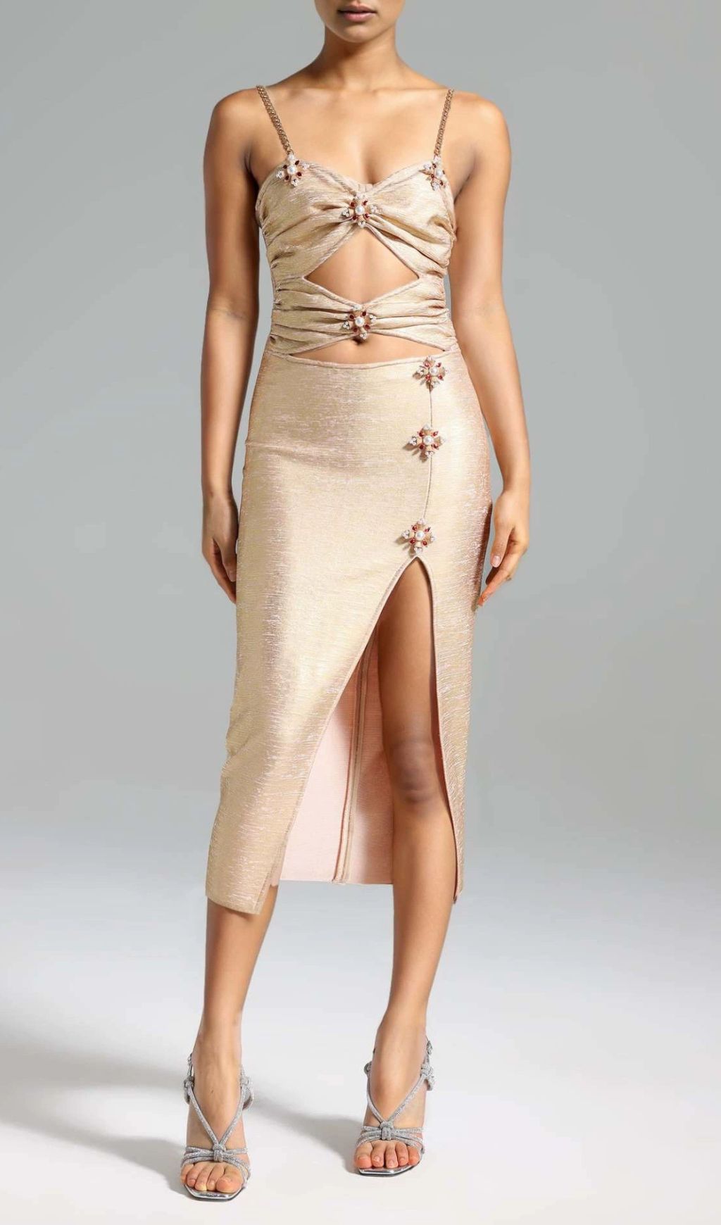 Ivie Gold Shimmer Cutout Embellished Midi Dress - Glamorous Party & Cocktail