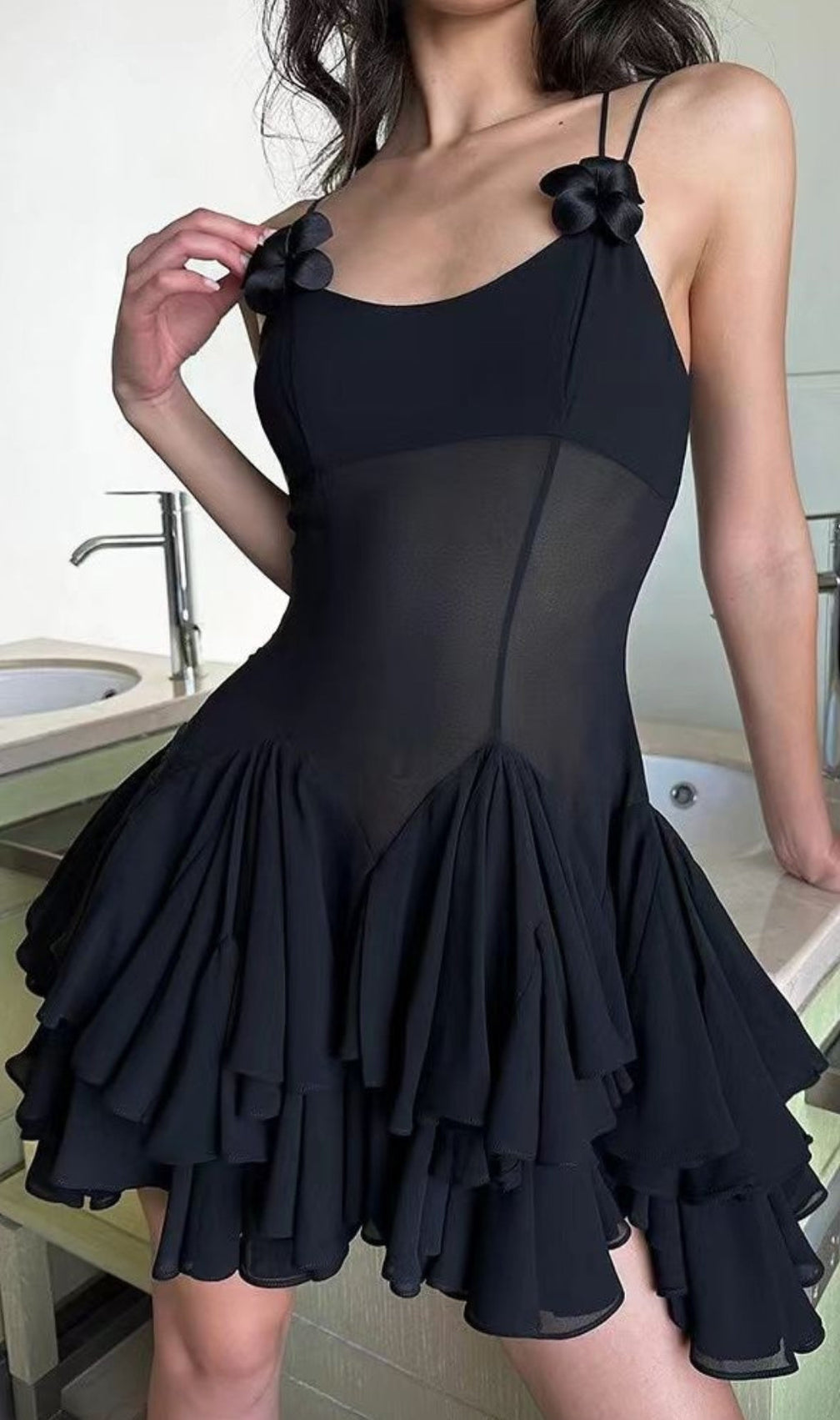 Almis Black Mesh Ruffle Mini Dress